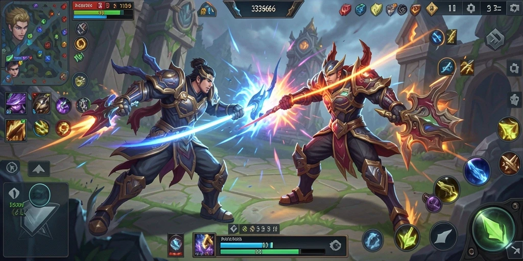 Tangkapan layar menunjukkan pertempuran seru dalam game MOBA.