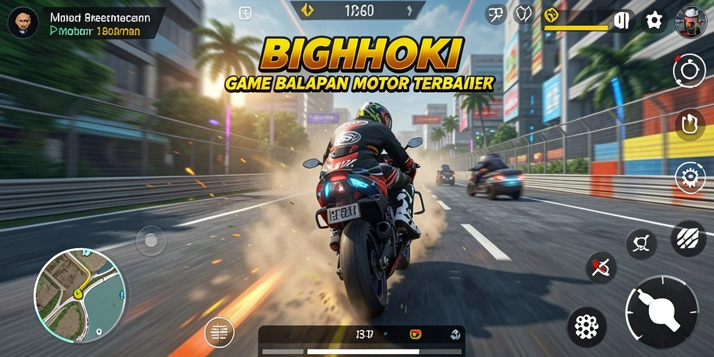 Screenshot gameplay BIGHOKI menampilkan aksi balapan motor yang mendebarkan.