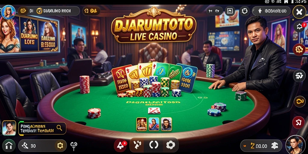 Screenshot utama DJARUMTOTO menampilkan dealer langsung dan permainan kasino yang mendebarkan.