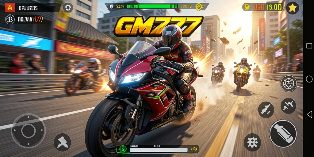 Tampilan gameplay seru dalam balapan motor GM777.