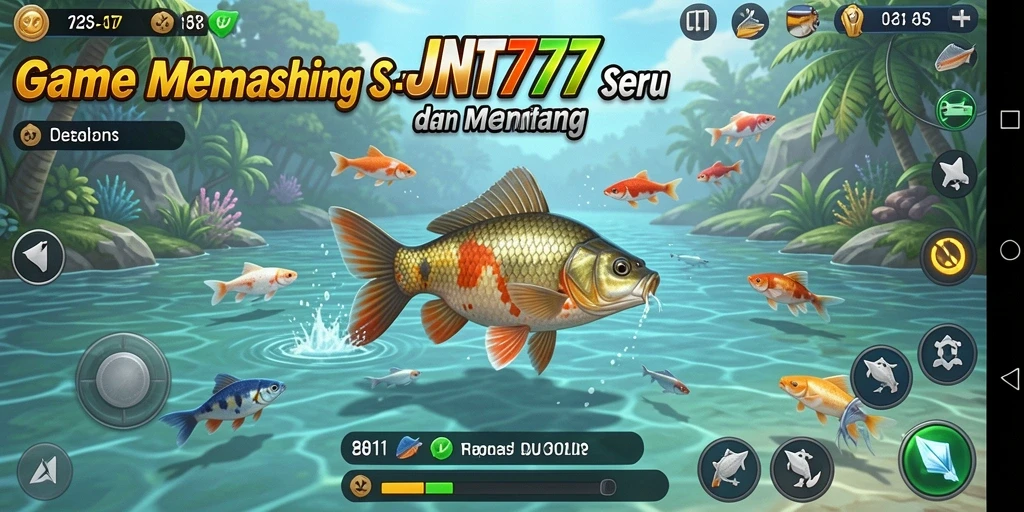 Screenshot JNT777 menampilkan pemain yang menangkap ikan di laut biru yang indah.