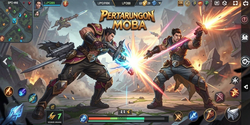 Tampilan gameplay menegangkan dalam arena MOBA.