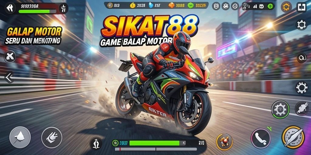 Screenshot gameplay SIKAT88 menampilkan aksi balap motor yang mendebarkan.