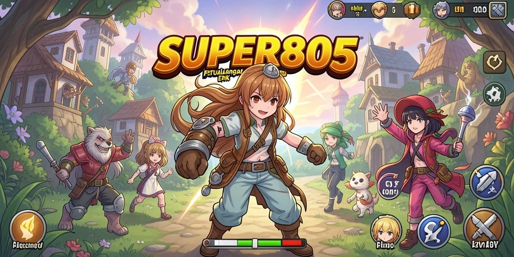 Gameplay SUPER805 yang penuh warna dan interaksi karakter anime.